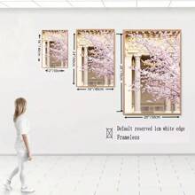 3 件粉色樱花春巴黎风景玫瑰牡丹帆布墙艺术画浪漫图片海报装饰 - 酒紅色 - 查看 2