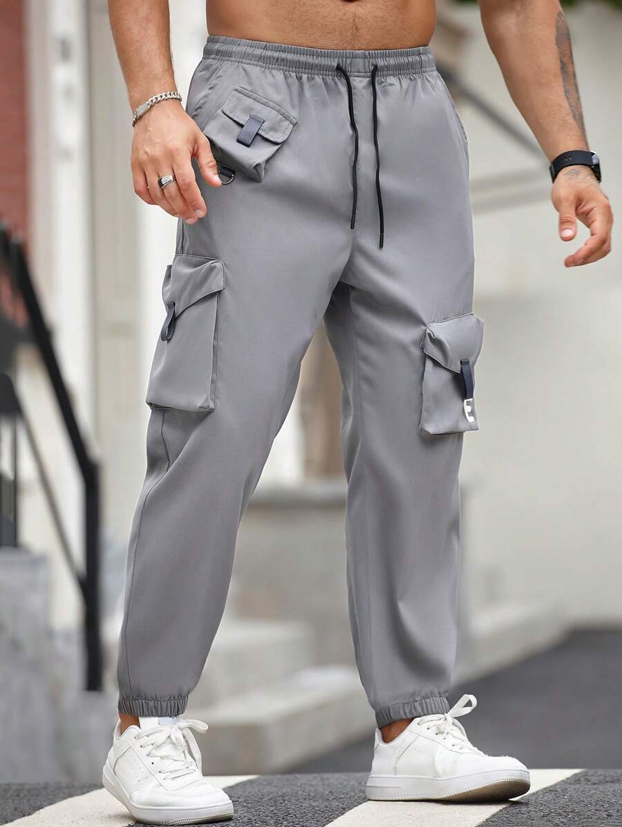 1pc Men's Gray Outdoor Drawstring Waist Cargo Pants, Boyfriend Style Sporty Casual Hiking Tapered Leg Trousers