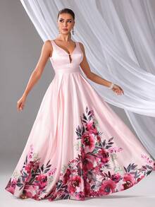 Women's Floral Print Long Elegant Sleeveless Dress, Bridesmaid Dress - Pink - View 5