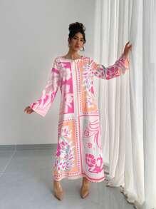 1 件女士奢华圆领荷叶边袖宽松休闲轻便透气日常长袍，度假风格，优雅晚礼服，传统阿拉伯节日礼服