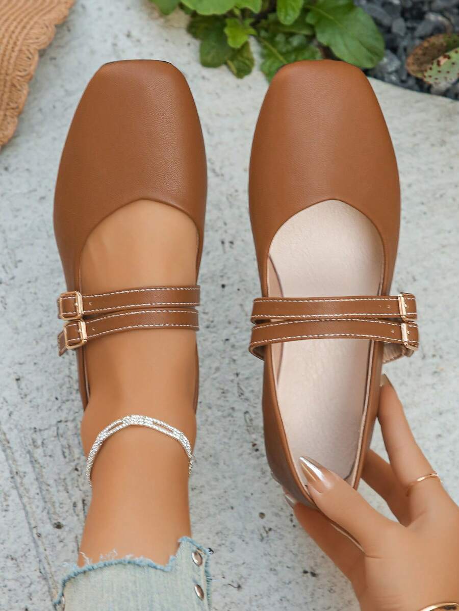 跨境大码36-43新款法式玛丽珍棕色双扣低帮方头平底鞋，日常工作时尚百搭轻便舒适柔软芭蕾平底鞋，适合女士，春秋季