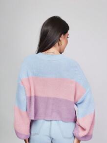 Striped Off-The-Shoulder Blouse Princess Sleeve Knit Warm Winter Fashion Blogger New2023 - Baby Blue - View 2