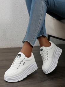 女式新款厚底厚底运动鞋，休闲皮革运动跑步鞋，秋季 - 白色 - 查看 11