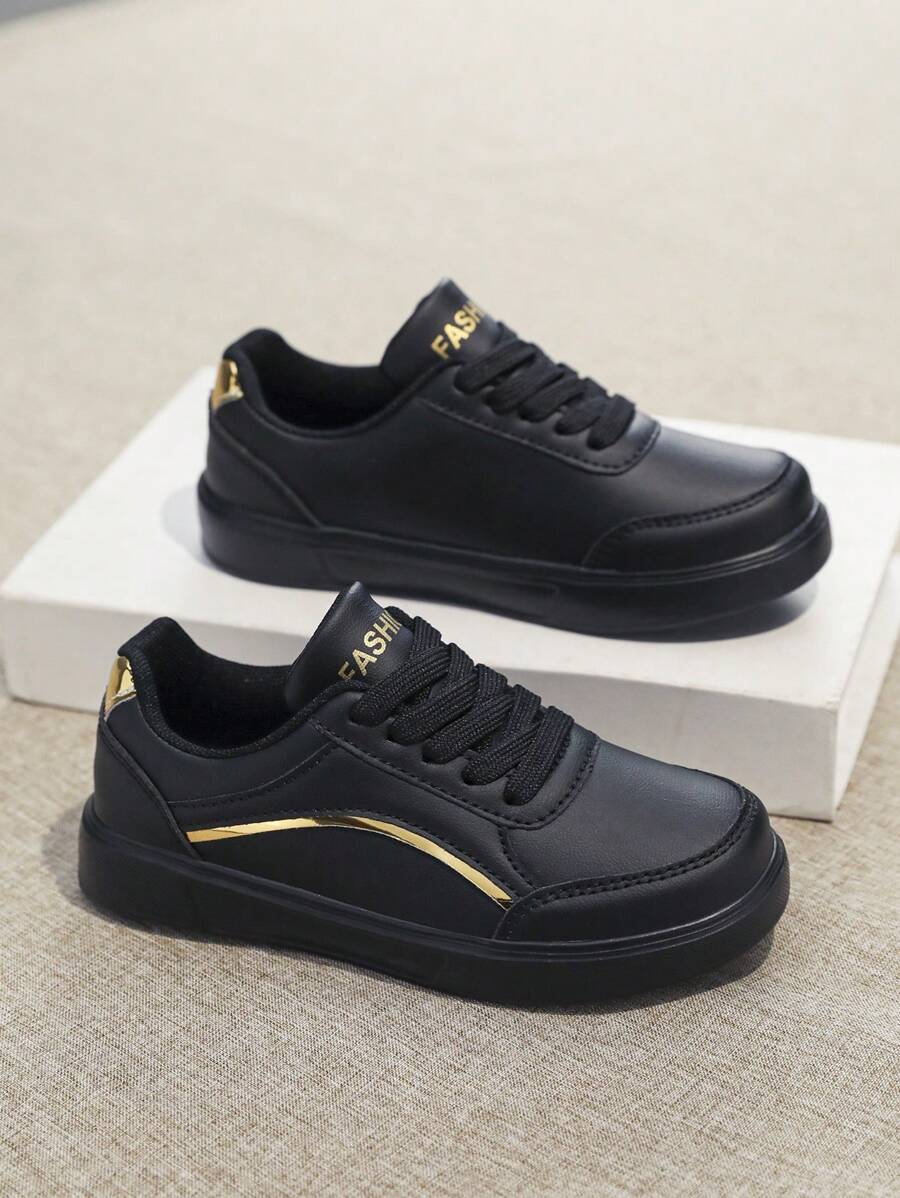 1 双女孩时尚休闲运动鞋，舒适低帮平底跑鞋，适合校园、青少年和年轻人，经典个性化步行滑板鞋，适合春季、夏季、秋季 - 黑色 - 查看 1