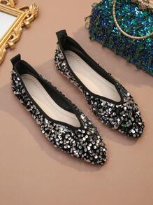Fashion Color Block Pointed Toe Slip On Flats, Size 35-45, Spring/Autumn, Suitable For Casual Wear And Dresses - Silver Black Sequins - View 7