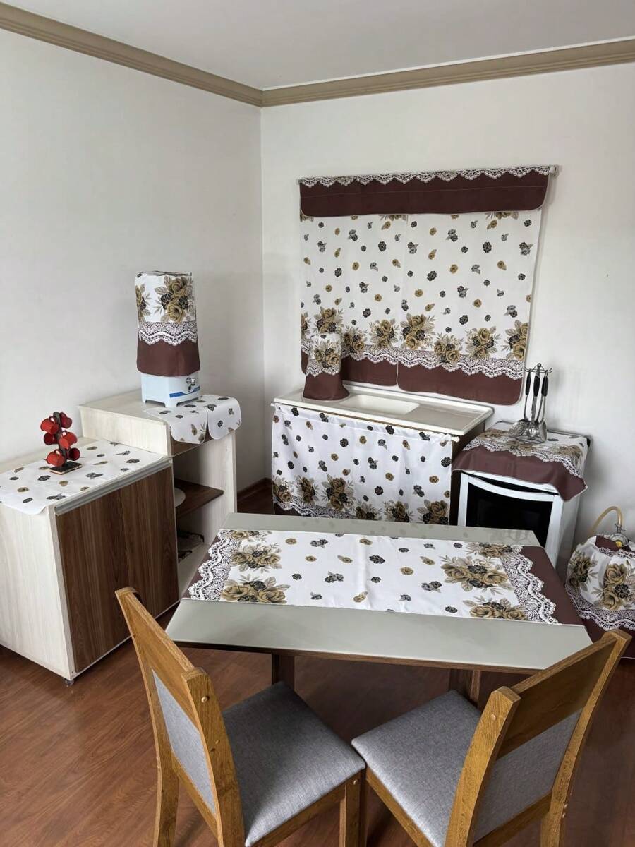 Kitchen Set Kit 10 Printed Pieces Window Curtain Table Runner Sink Curtain Tea Towel Placemat - flores marrom - 查看 1