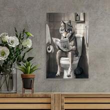 Framed Funny Cute Bathtub Toilet Wolf Look Newspaper Print Picture Poster Animal Lover Whimsical Bathroom Toilet Wolf Canvas Painting Wall Art Home Bathroom Room Decor Aesthetics, Creative Home Decoration, High Quality Decorative Posters, Dormitory, Gym, Bar, Cafe, Arcade, Room Living Room Wall Decoration Painting, Perfect Gift.