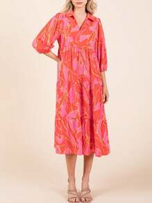Womens Casual Boho Chic Floral Print Tiered Midi Dress Tropical Orange Pink Abstract Pattern V Neck Three Quarter Puff Sleeve Loose Fit Summer Beach Vacation Party Dress