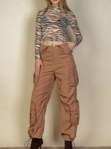 Pantalones de paracaídas casuales bohemios con bolsillos de solapa y cordón fruncido para mujer - Azúcar marrón - Ver 7