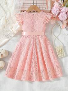 Kids Girls Dress Lace Fly Sleeve Round Neck Casual Dress Toddler Fashion Summer Dress With Belt - 粉色 - 查看 4