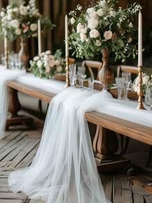 优雅的白色透明婚礼桌旗窗帘套装 1 件，涤纶薄纱拱形窗帘多功能装饰套件，适用于订婚、生日、公主主题派对和节日庆典、仪式和招待会活动，适合各种场合，包括新娘送礼会、乔装和单身派对 - 白色 - 查看 6