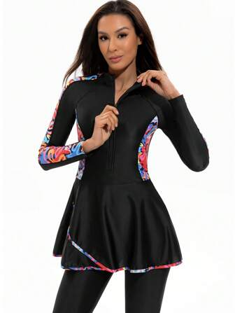 2 件套女式运动字母印花长袖上衣和长裙/长裤，精致，高弹力，修身，适中，适合春夏季、海滩、泳池派对、冲浪、UPF 防护、快干