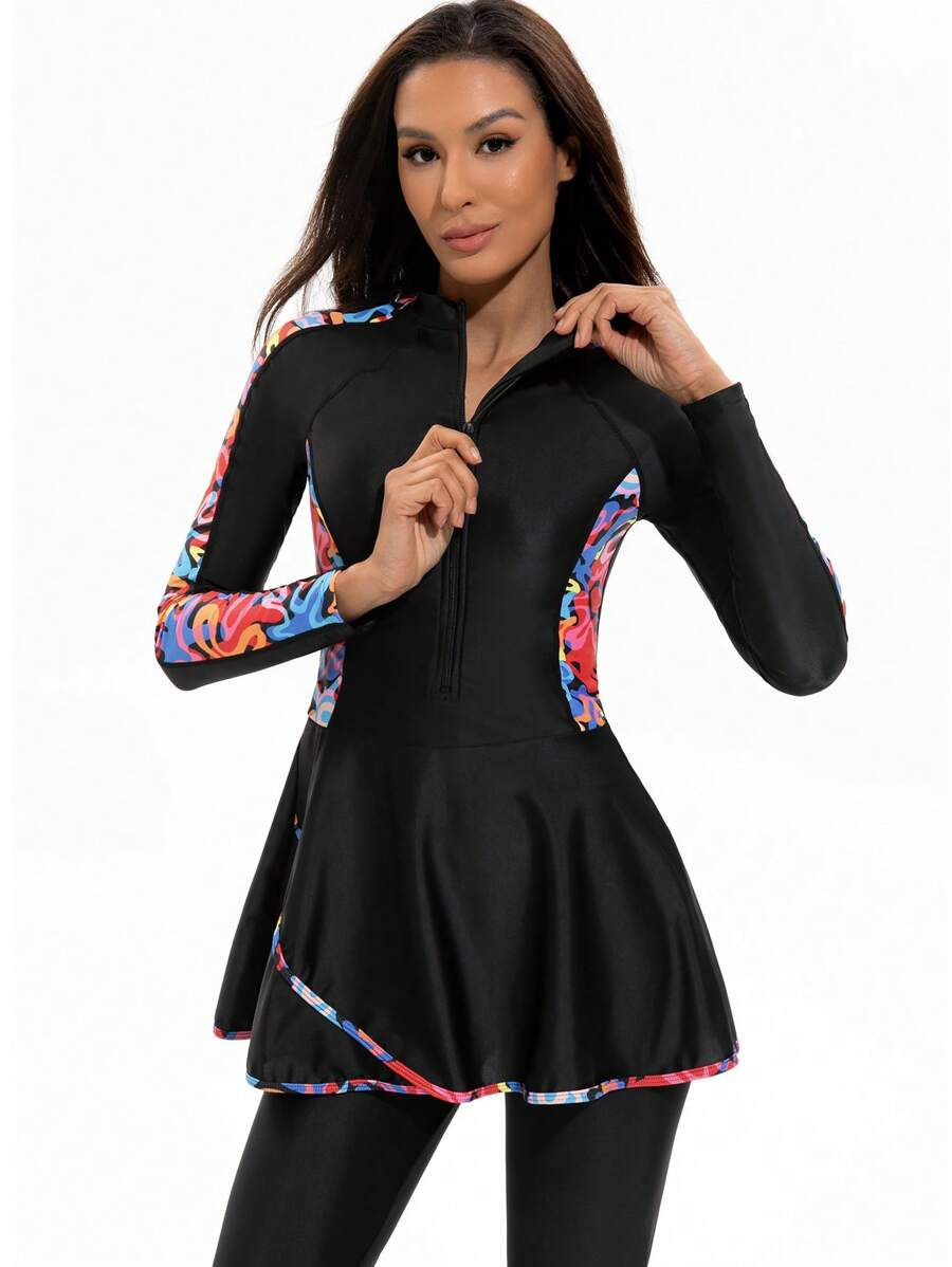 2pcs Set Women Sporty Letter Print Long Sleeve Top And Long Skirt/Pants, Sophisticated, High Stretch, Slimming, Modest, Suitable For Spring/Summer, Beach, Pool Party, Surfing, UPF Protection, Quick Dry