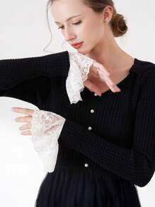 1 双/优雅蕾丝荷叶边可拆卸袖套 - 女式涤纶缀饰手腕袖口，无弹性纯色假袖，适合连衣裙和毛衣，韩国编织工艺，无羽毛，适合外出 - 彩色 - 查看 2