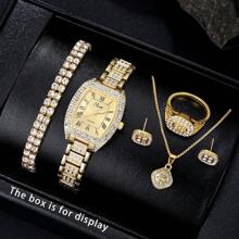 6 Stücke elegantes und modisches, funkelndes Luxus Damen Uhren-Set mit Halskette, Ohrringe, Armband, Ring, mehrere Farboptionen, ideal als Geschenk für den täglichen Gebrauch, Geburtstag, Party, Schulanfang, Muttertag und andere Feiertage
