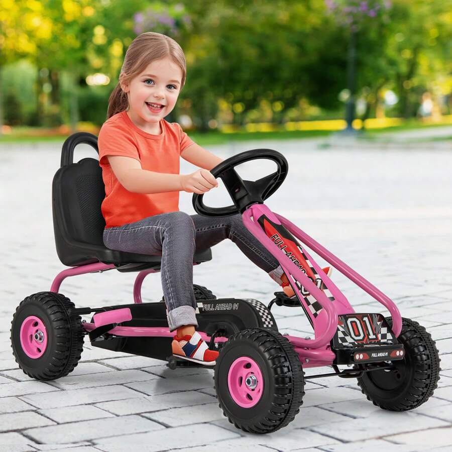 Kids Pedal Go Kart 4 Wheel Ride On Toys W/ Adjustable Seat Handbrake Red - Pink - View 1