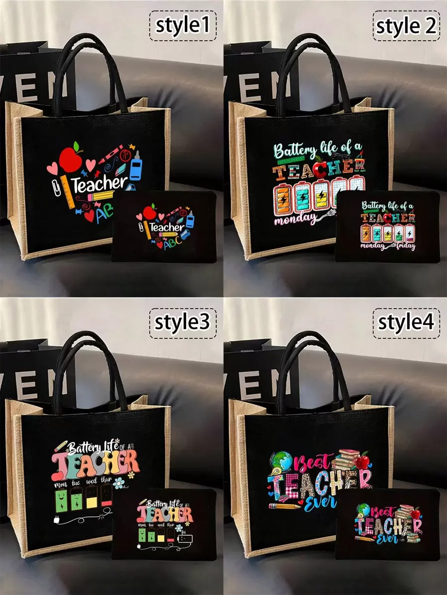 2 Pieces Teacher Appreciation Gift Set - Large Capacity Fashion Tote Bag With "Teacher" Print, Black Linen Coin Purse, Cosmetic Bag, Lining, And No Closure - Perfect For Educators And School Staff, Teacher's Thank-You Gift, Stylish Casual Accessories For Outings, Vacations, Daily Commute, Thank You Teacher Gifts - Black - View 1