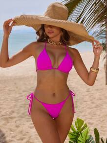 Solid Color Sexy Split Bikini Swimwear For Beach Vacation, Summer - Hot Pink - View 2