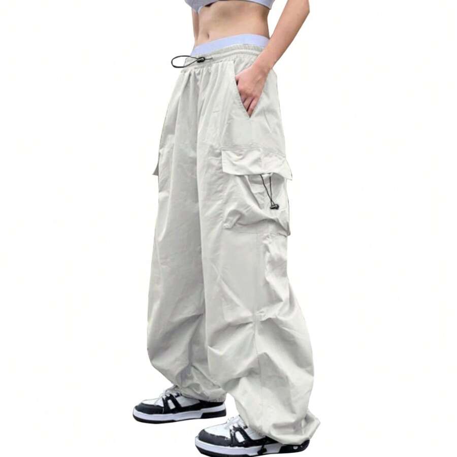 Women Parachute Drawstring Pockets Cargo Pantalones Casual Loose Fit Baggy Pants Y2k Clothing - Màu be - Xem 1