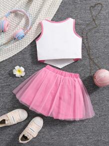 Girls Letter Print Decorated Contrast Color Splicing Mesh Skort Set With Round Neck Vest Top, Fashionable Sporty Style - Pink - View 2