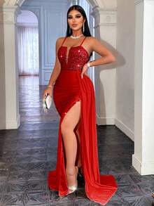 优雅亮片拼接高开衩吊带派对连衣裙，适合休闲婚礼和春季穿着 - 紅色 - 查看 4