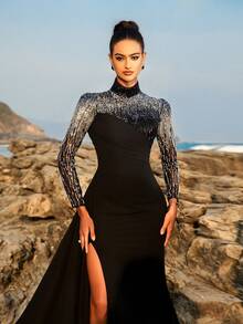 Đầm dự tiệc sang trọng cổ đứng tay dài xẻ đùi sequin, váy dự tiệc cưới, váy dạ hội thanh lịch, dành cho khách dự tiệc cưới, tốt nghiệp, tiệc tối - màu đen - Xem 3