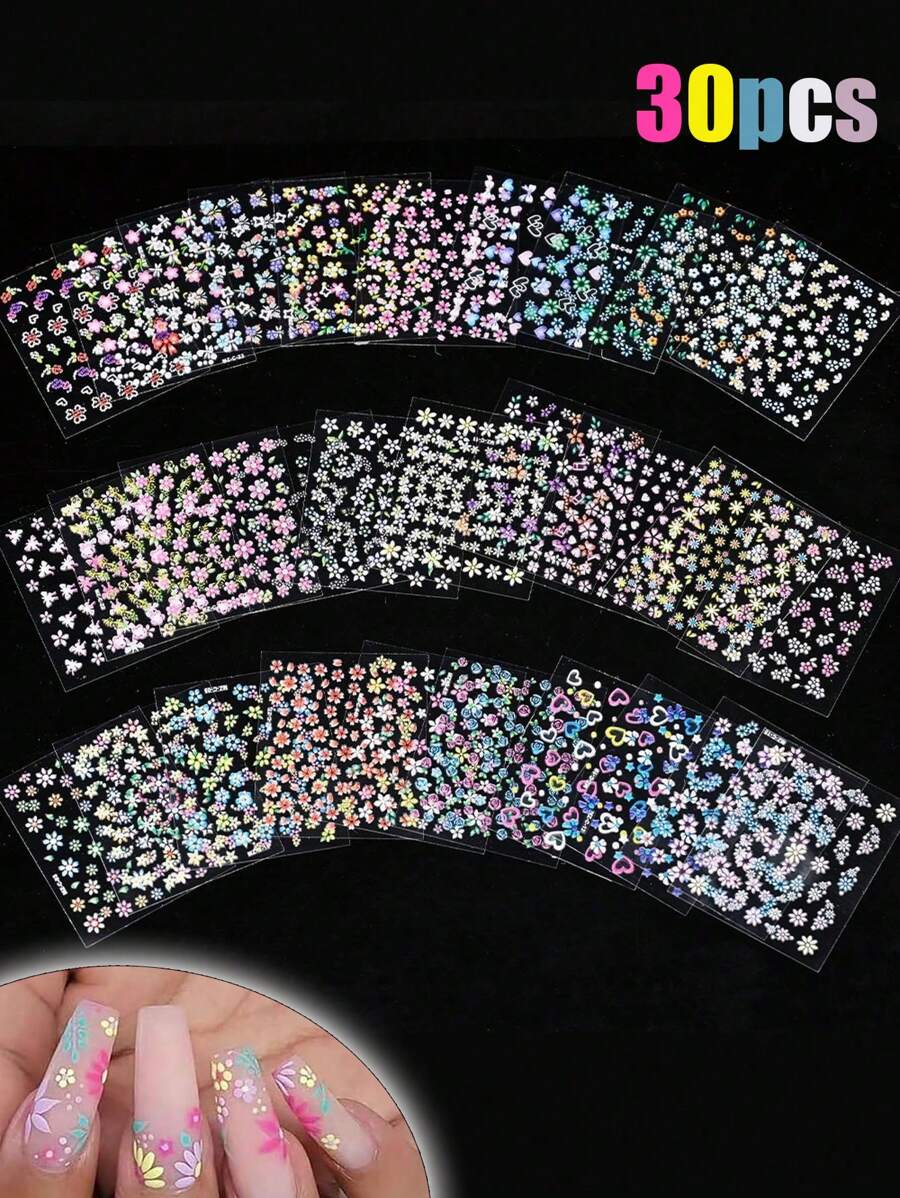 30pcs 3D Floral Nail Art Stickers, 3D Self-Adhesive Nail Decals, Cute Daisy, Heart, Bow Nail Stickers For Spring/Summer Nail Design, Floral Nail Art Decorations, DIY Nail Accessories For Women - Multicolor - View 1