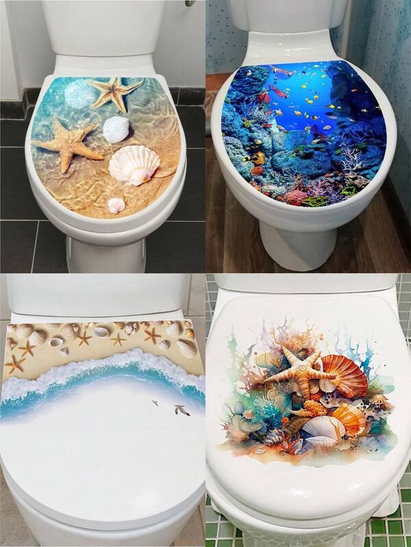 1pc Home Decorations Starfish Shell Beach Pattern Pvc Toilet Lid Sticker Decor, Stickers, Wall Decal, Vinyl Decal For Home Decorations, Toilet Decorations Items Refresh Your Home Bathroom Decor Summer