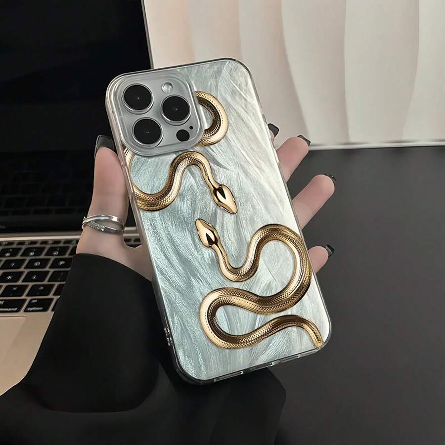 1个羽毛壳IMD镜头保护防震金色双蛇手机壳，可个性化定制，兼容苹果 16 Pro Max/15/14 Plus/13/12/11，防水防摔防刮。