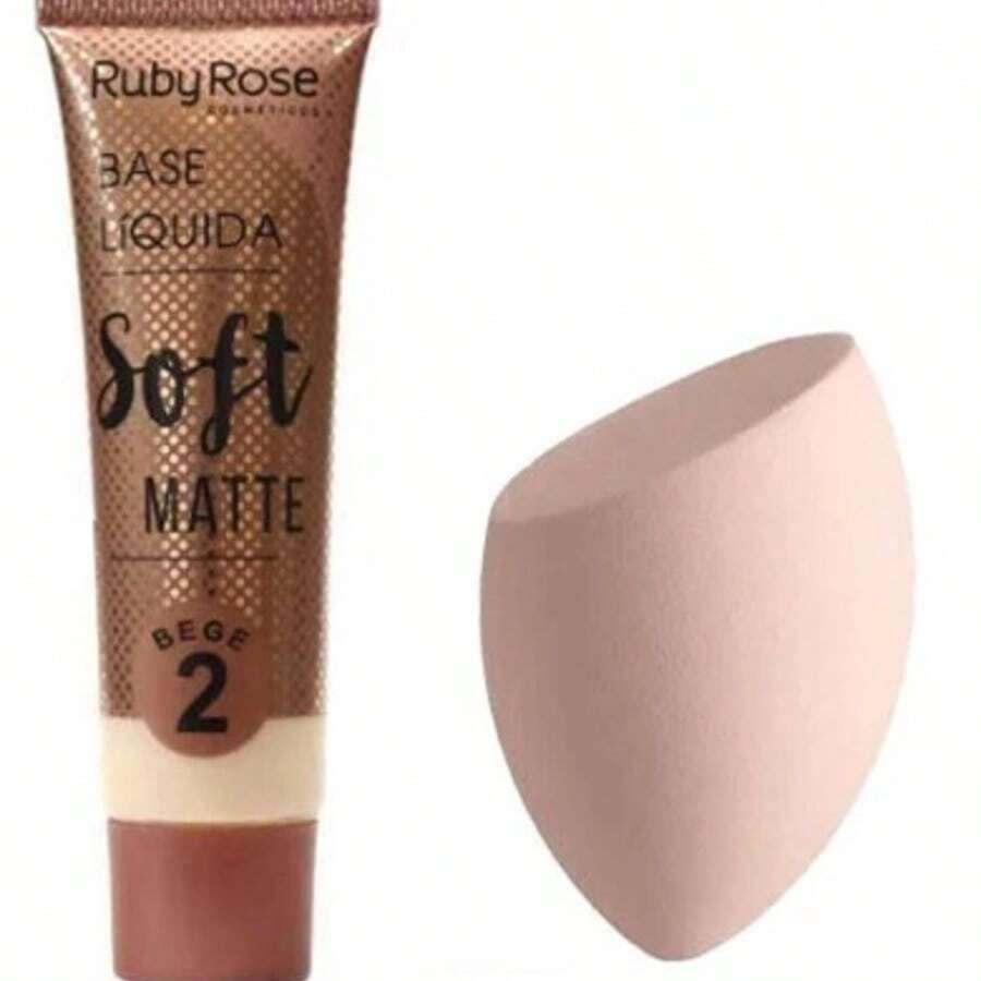 KIT Liquid Foundation Soft Matte Beige Ruby Rose HB8050+1PC Facial Sponges For Makeup (Random COLORS) - Bege2 + Esponja (COR Aleatórias) - View 1