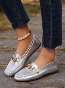 女士圆头便士乐福平底鞋，大码，镜面抛光，纯色，灵活，四季皆宜，简约设计，聚氨酯鞋面，织物内里，TPR 鞋底，无亮片，可手洗或专业干洗 - 銀色 - 查看 6