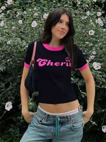 Spring/Summer American Casual Black Short Sleeve Design Letter Color Block T-Shirt Hot Girl Stretch Slim Short For Daily, Street, Commuting, Home And Other Occasions To Wear Women Knit Tops