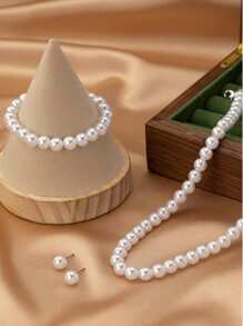 4pcs Set Elegant Minimalist Faux Pearl Beaded Necklace Bracelet Earrings Jewelry Set, Suitable For Evening Gowns, Dates, Gatherings And Parties, Can Be Matched With Outfits - one-size - View 2