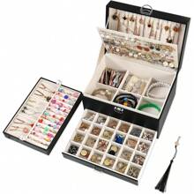 Earring Jewelry Box For Women Girl Stud Organizer, 5 Layers Girl Jewelry Organizer Box With Lock Earring Holder Organizer Necklace Ring Jewelry Organizer Box For Girls (Black)