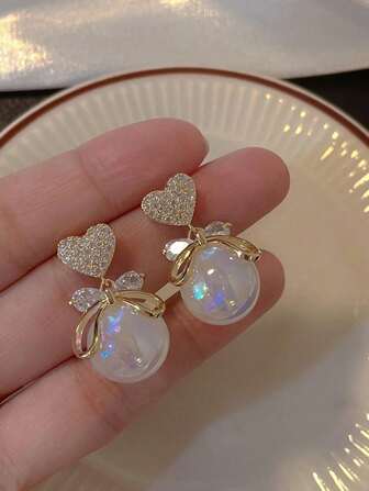 1 Pair Elegant Faux Pearl Bow Heart Rhinestone Mermaid Princess Style Earrings, Ideal Gift Choice