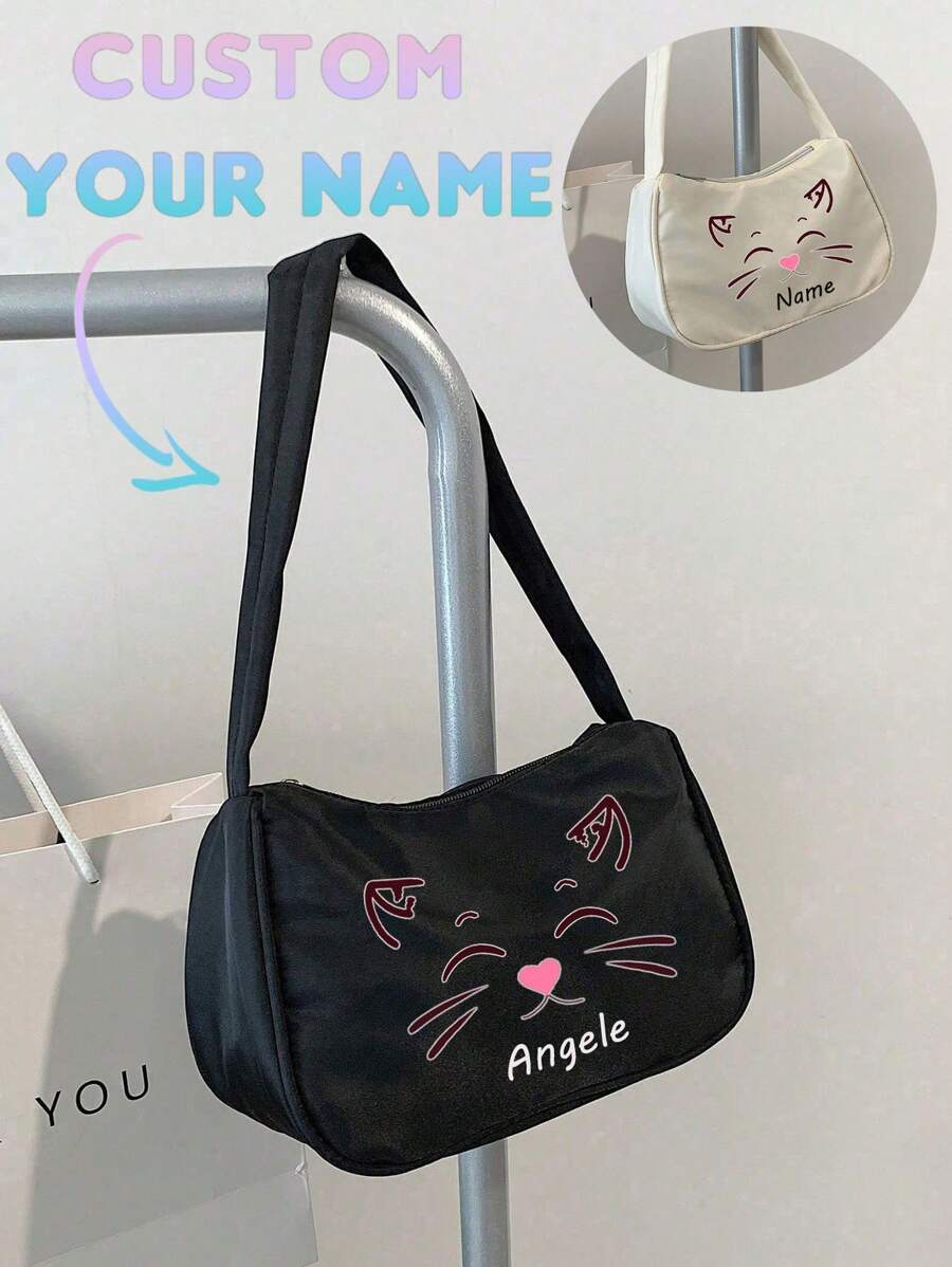 1PC Custom Shoulder Bag With Personalized Name Or Holiday Message. Solid Color Cat Pattern Custom Design Versatile High-End Girl's Shoulder Bag. Lightweight Coin Purse, Perfect For Girl's Bags - Style 1 - View 1