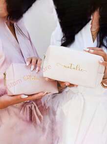 [Personalized ]Personalized Customized Name Faux Leather Lightweight Polyester Cosmetic Bag With Zipper Closure Easy To Clean Travel Toiletry Bag Gift - Multicolor - View 3