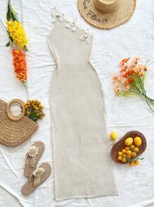 FOR BEAUTY 杏色性感斜领针织连衣裙，优雅简约沙滩音乐节蜜月婚礼季度假风镂空薄款开衩连衣裙罩衫，适合狂欢节、新年、情人节等场合。 - 杏色 - 查看 8