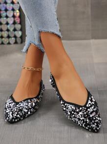Fashion Color Block Pointed Toe Slip On Flats, Size 35-45, Spring/Autumn, Suitable For Casual Wear And Dresses - Silver Black Sequins - View 2