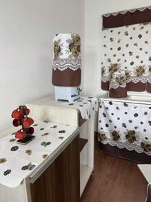 Kitchen Set Kit 10 Printed Pieces Window Curtain Table Runner Sink Curtain Tea Towel Placemat - flores marrom - 查看 5