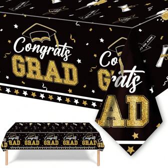 1 Pc, Black Gold Graduation Theme Large Size Tablecloth, Party Supplies Set Graduation Decoration Congratulations To The Class Of 2025 Graduation Black And White Stars Disposable Table Cloth For Event Celebrations And Party Supplies, 51x86.6 Inch