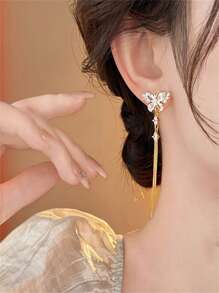 1 Pair Gold-Color Full Paved Rhinestone Butterfly & Tassel Drop Earrings