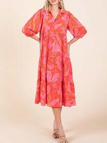 Womens Casual Boho Chic Floral Print Tiered Midi Dress Tropical Orange Pink Abstract Pattern V Neck Three Quarter Puff Sleeve Loose Fit Summer Beach Vacation Party Dress