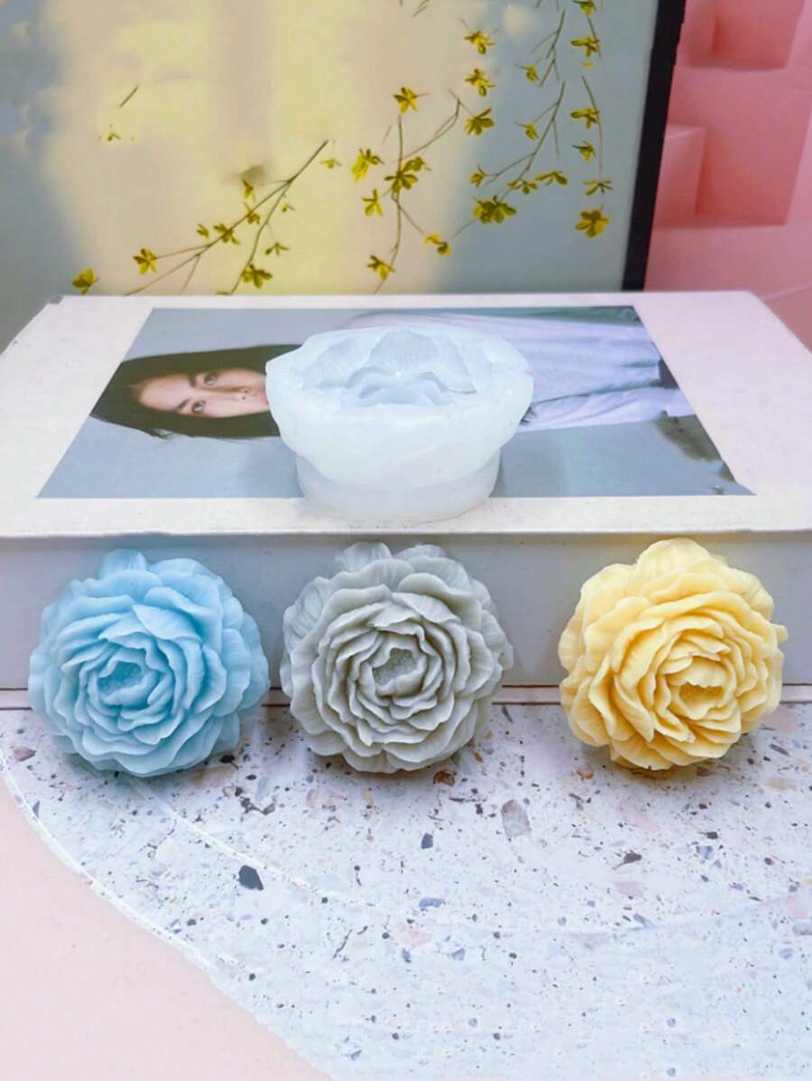1pc Round-Bottom Peony & Rose Shaped Silicone Wax Candle Mold - White - View 1