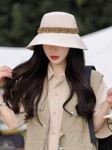 1 pieza Sombrero de cubo de unicolor con banda tejida para mujeres, casual y de moda, liviano y transpirable para protección solar, adecuado para actividades al aire libre, viajes, campamento, senderismo, diseño unisex para uso diario, primavera/verano