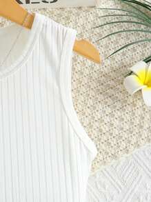 2pcs/Set Tween Girls Summer Lightweight Solid Color Camisole & Floral Print Denim Shorts Set - White - View 3