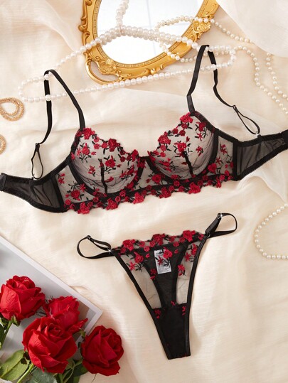 Women's Sexy Black Lace Bra Set, Floral Embroidery, Sheer Mesh, Opulent, Intimate Lingerie, Includes Bra And Panty, Suitable For Spring/Summer, Romantic Bedroom Mood, Rave