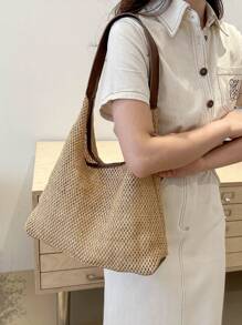 Summer Straw Shoulder Tote Bag With Free Small Bag - Coffee Brown - View 4