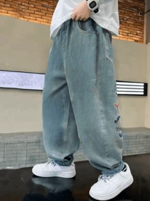 Spring And Autumn New Light-Colored Cartoon Graffiti Kids' Jeans, Loose Fit Trouser Pants For Teenage Boys - Light Wash - View 4