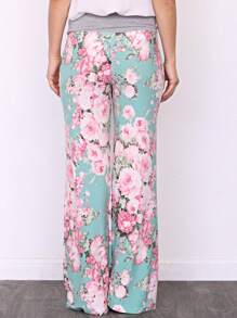 Floral Drawstring Fold Over Band Wide Leg Lounge Pants - 薄荷藍 - 查看 3